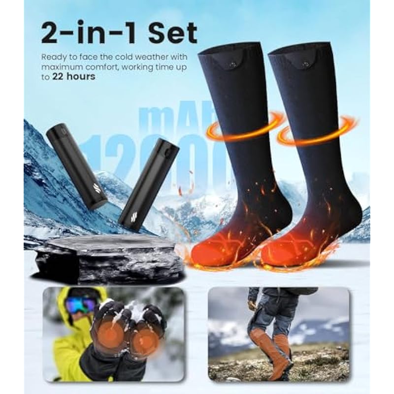 Wavmill Rechargeable Heated Set – Heated Socks and Hand Warmers for Men – 2 Packs 6000mAh Electric Foot Warmers – Gifts for Camping, Hunting, Fishing – Christmas Stocking Stuffers