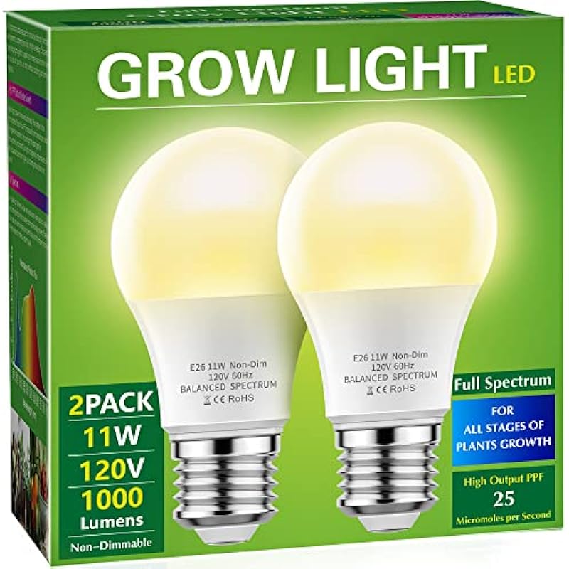 Briignite Grow Light Bulbs, LED Grow Light Bulb A19 Bulb, Full Spectrum Grow Light Bulb, Plant Light Bulbs E26 Base, 11W Grow Bulb 100W Equivalent, Grow Light for Indoor Plants, Seed Starting, 2 Pack