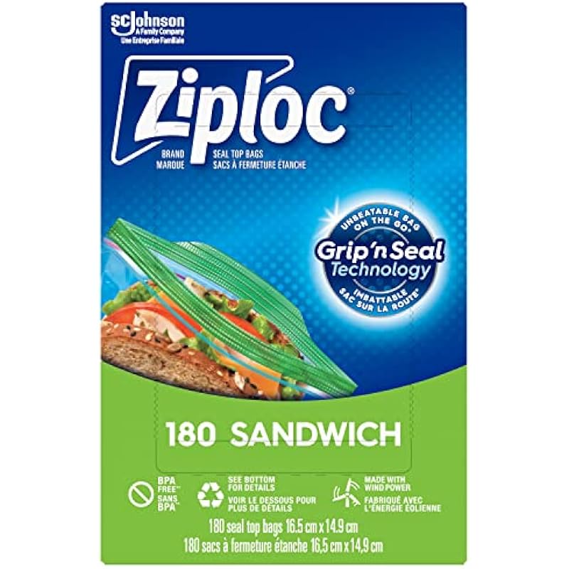 Ziploc Snack and Sandwich Bags for On-The-Go Freshness, Grip ‘n Seal Technology for Easier Grip, Open and Close, 180 Count