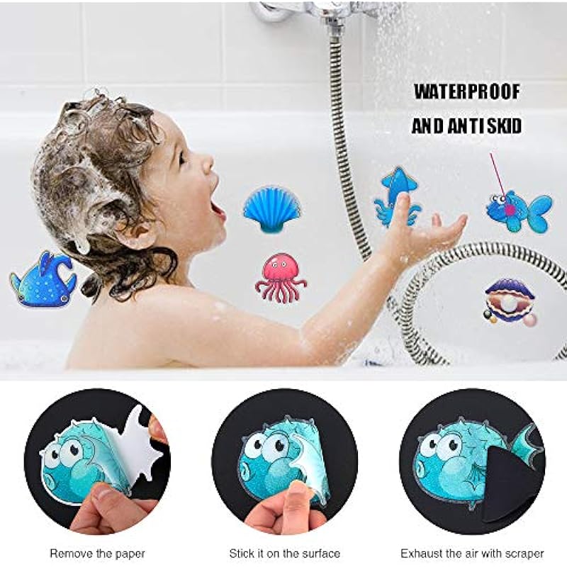 Secopad Non Slip Bathtub Stickers, 20 Large Sea Adhesive Kids Anti Slip Decal Threads for Shower and Bath Tub with Scraper, Each Design About 4.5″ x 3.5″