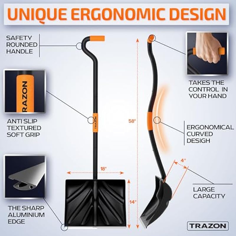Snow Shovel Heavy Duty for Driveway with Ergonomic Handle to Use Without Backpain for Home Garage Car – Snow Shovel with 18 Inch Blade Large Capacity and 150 Inch Long Ergonomic Handle (Black)