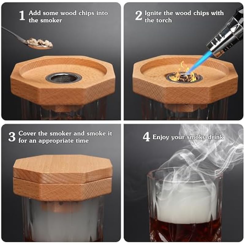 Cocktail Smoker Kit with Torch 8 Flavor Wood Chips Whiskey Smoker Set Old Fashioned Smoker Kit Christmas Bourbon Whiskey Gifts for Men Dad Husband (Without Butane)