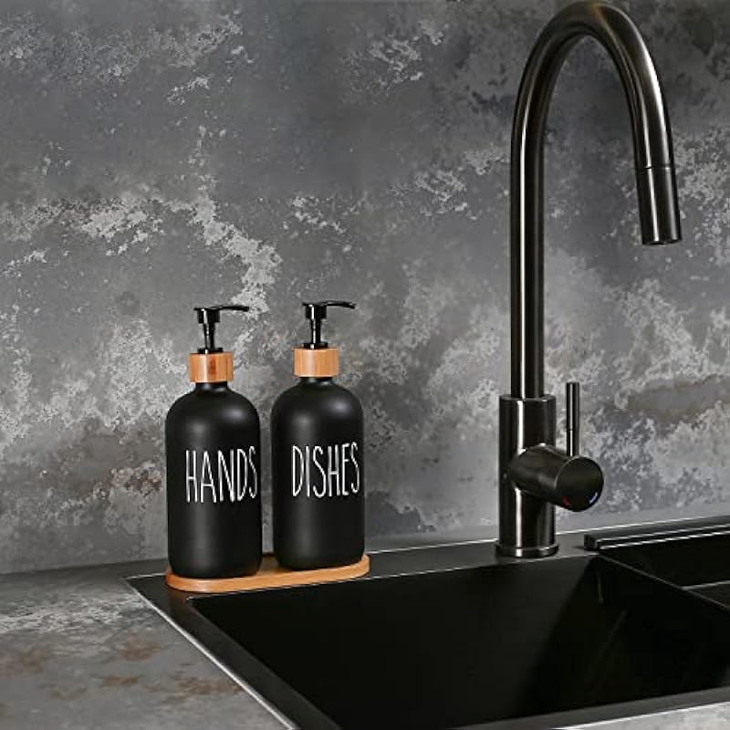 MOMEEMO Matte Black Glass Soap Dispenser Set – Hand and Dish Soap Dispensers Suitable for Rustic Kitchen Decor (Black)