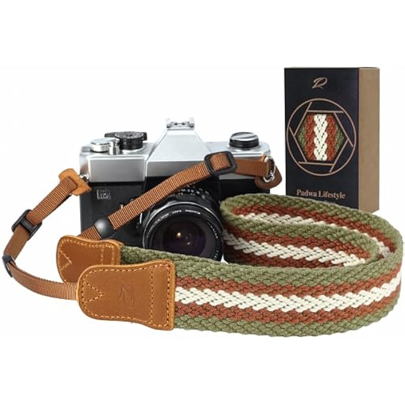 PADWA Stripes Camera Strap – 1.5″ Cowhide Head Shoulder Neck Strap,Vintage Woven Multi-color Camera Straps for Cameras and Binoculars,Cute Adjustable Thin Strap for Adults & Kids(Green Yellow White）