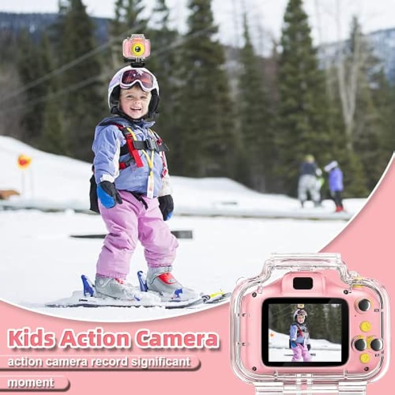 Miiulodi Kids Waterproof Camera – Birthday Gifts for 3 4 5 6 7 8 9 10 Year Old Girls 2 Inch IPS Screen Underwater Action Camera with 32 GB SD Card, Pool Toys for Kids Age 8-12 Pink