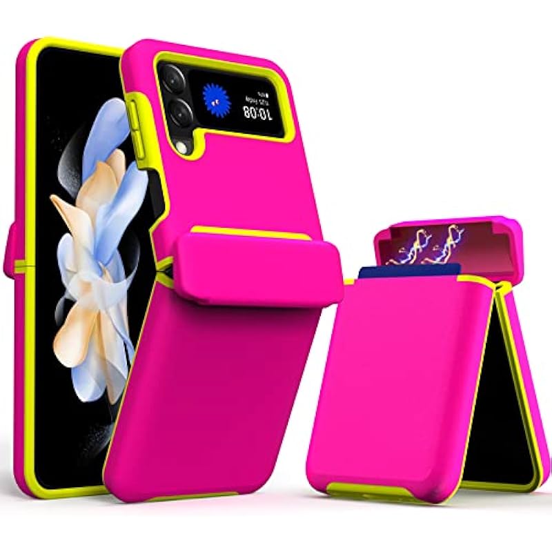 XIIICASE Galaxy Z Flip 4 Case Wallet with Hinge Protection [Card Slot] Shockproof Protective TPU Cover for Samsung Galaxy Z Flip 4 5G (Neon Pink)