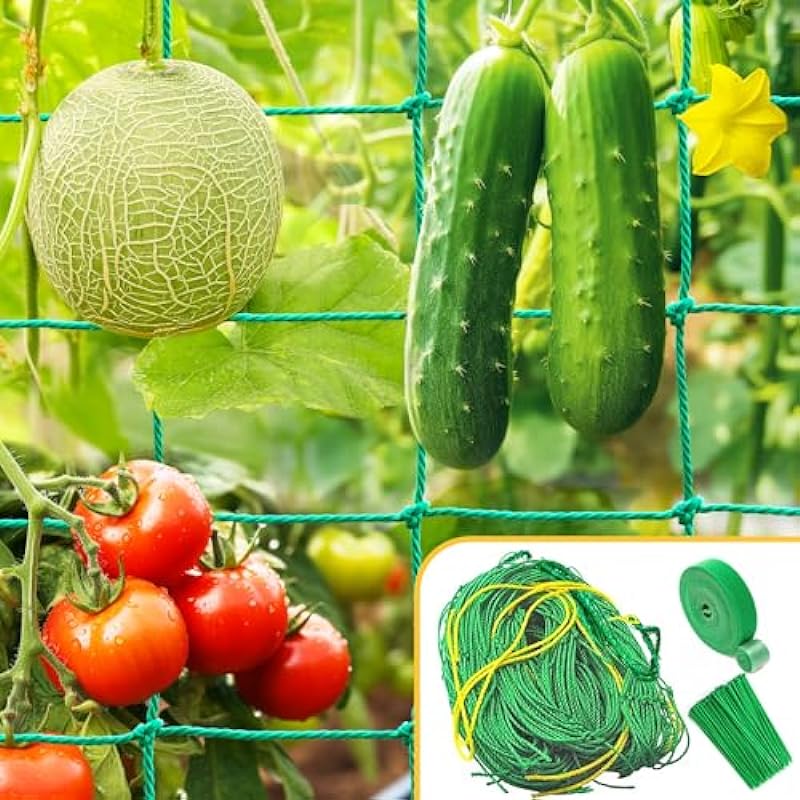 Trellis Netting, 32.8×6.6Ft Garden Trellis Netting for Climbing Plants with 9.85Ft Garden Tie, Plant Netting for Cucumber, Tomato, 27 Strands & 4×4 in Mesh, Grow Net for Vine, Fruit, Vegetable, Bean