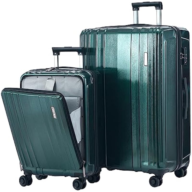 Luggage Set 2 Piece 20/28, 20″ Carry-on with Front Pocket & 28″ Expandable Luggage, ABS+PC Suitcase with Spinner Wheels, TSA Lock, YKK, Dark Green