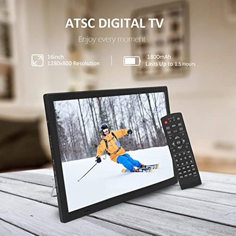 16 inch 1080P Portable Widescreen TV, ATSC TV/Analog TV/ATV, Rechargeable LED TV, Support AV, HDMI, USB, TF Card, Digital Television for Car, Camping