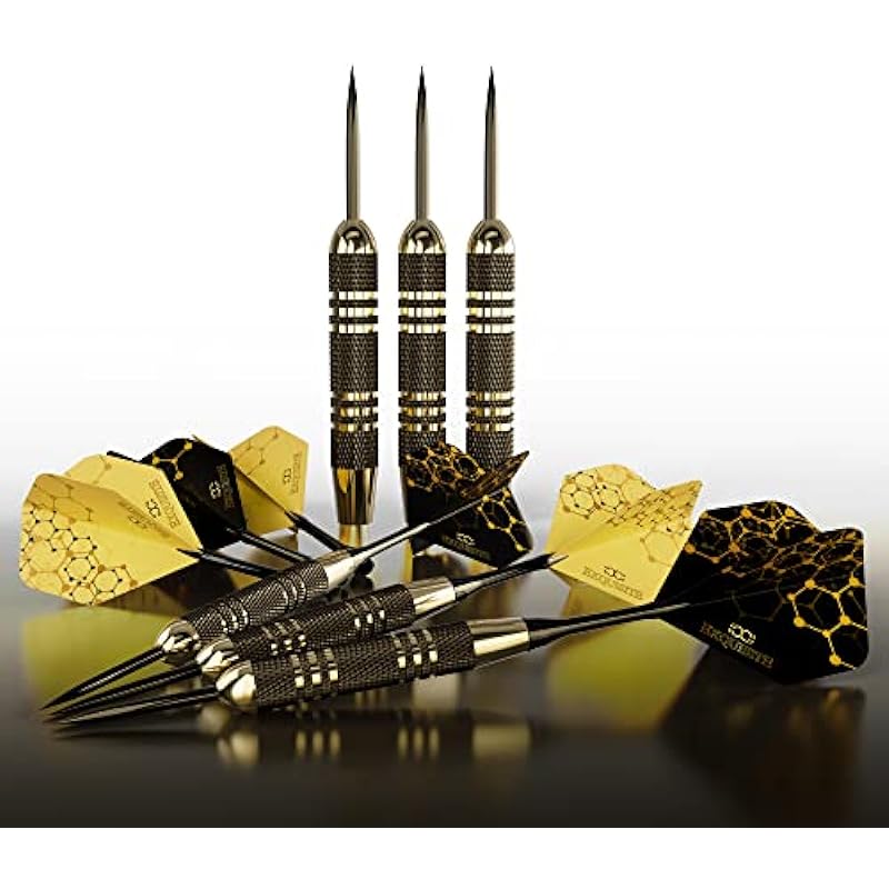 CC-Exquisite Professional Steel Tip Darts Set – 6 x 22g Brass Barrels with 12 Flights Standard/Slim, 12 Aluminum Shafts 35/48mm, 12 O-Rings, Dart Tool, Dart Sharpener and Case (Black & Gold)…