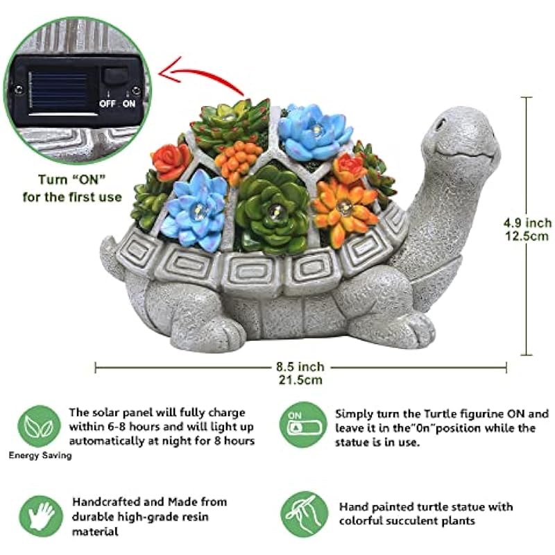 Nacome Solar Garden Outdoor Statues Turtle with Succulent 7 LED Lights – Lawn Decor Patio, Balcony, Yard Ornament – Birthday for Women/Mom/Grandma