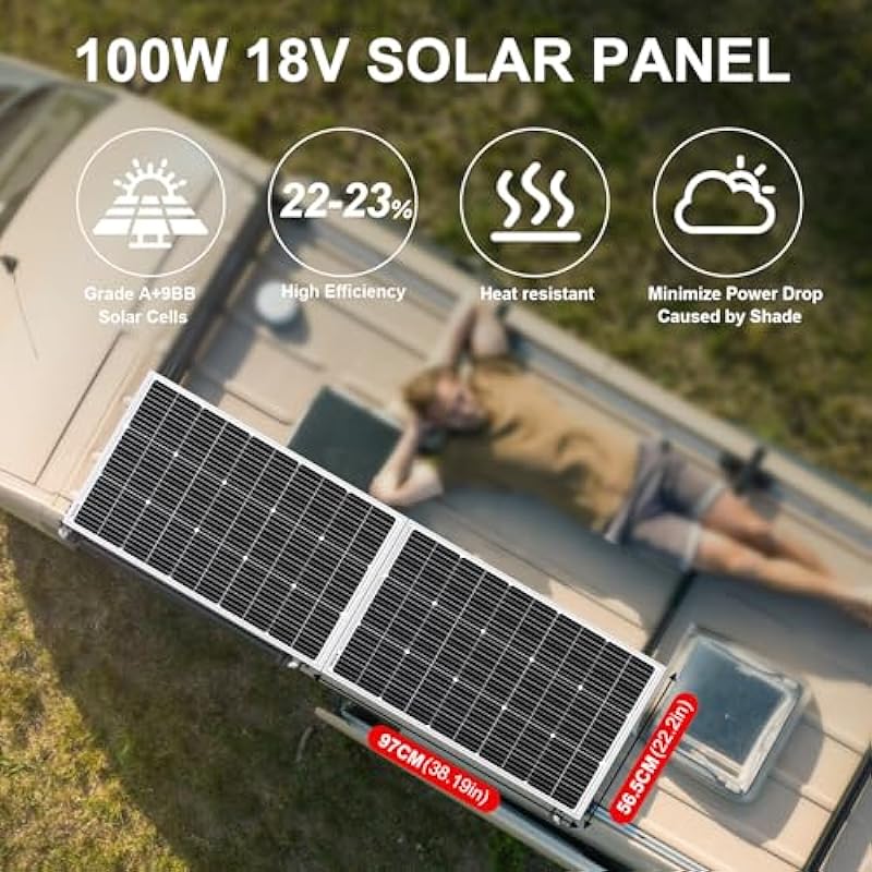 DOKIO 200w 18v Solar Panel Monocrystalline to Charge 12v Battery(Vented AGM Gel) or Off-Grid/RV,Boat:2pcs 100W Solar Panel + Controller + 5M MC4 Extension Cable+3M Alligator Clips+Mounting Z Brackets