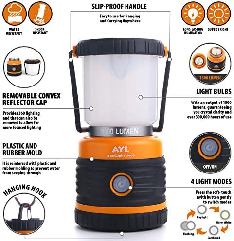 AYL LED Camping Lantern, Battery Powered LED 1800LM, 4 Camping Lights Modes, Perfect Lantern Flashlight for Hurricane, Emergency Light, Storm, Power Outages, Survival Kits, Hiking, Fishing, Tent, Home