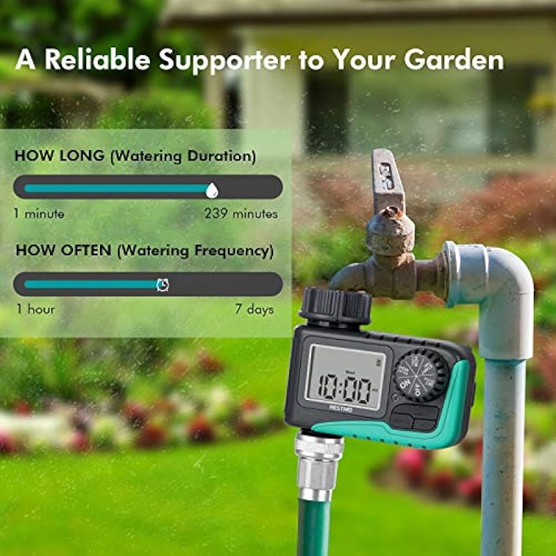 RESTMO Sprinkler Timer, Programmable Water Timer for Garden Hose, Outdoor Faucet, Drip Irrigation and Lawn Watering System, Compact Design | Automatic Digital Control | Manual ON/Off | Rain Delay