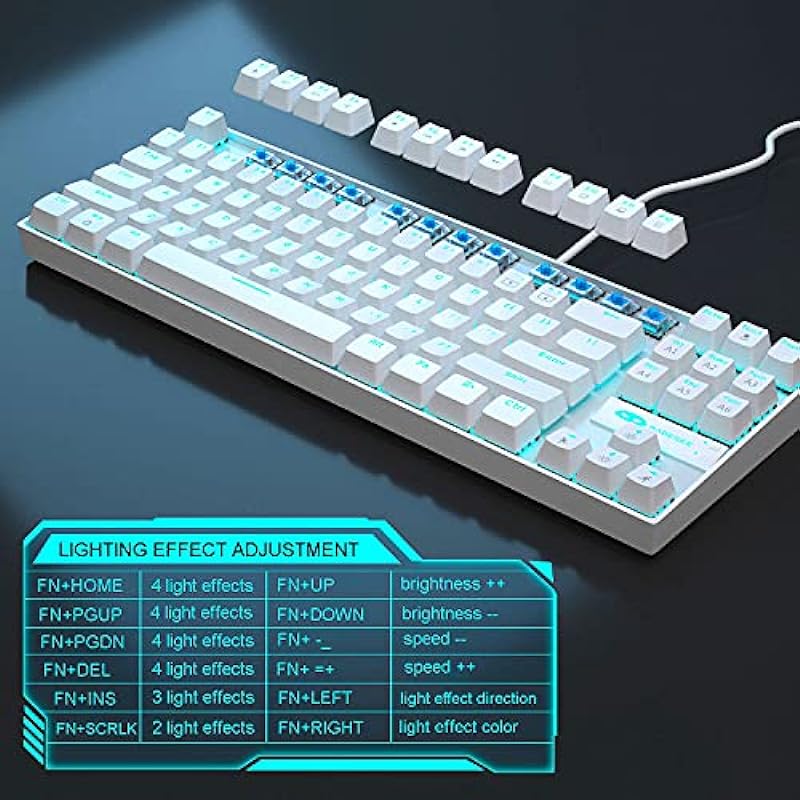 White Mechanical Gaming Keyboard, MageGee MK-Star LED Backlit Keyboard Compact 87 Keys TKL Wired Computer Keyboard with Blue Switches for Windows Laptop Gaming PC