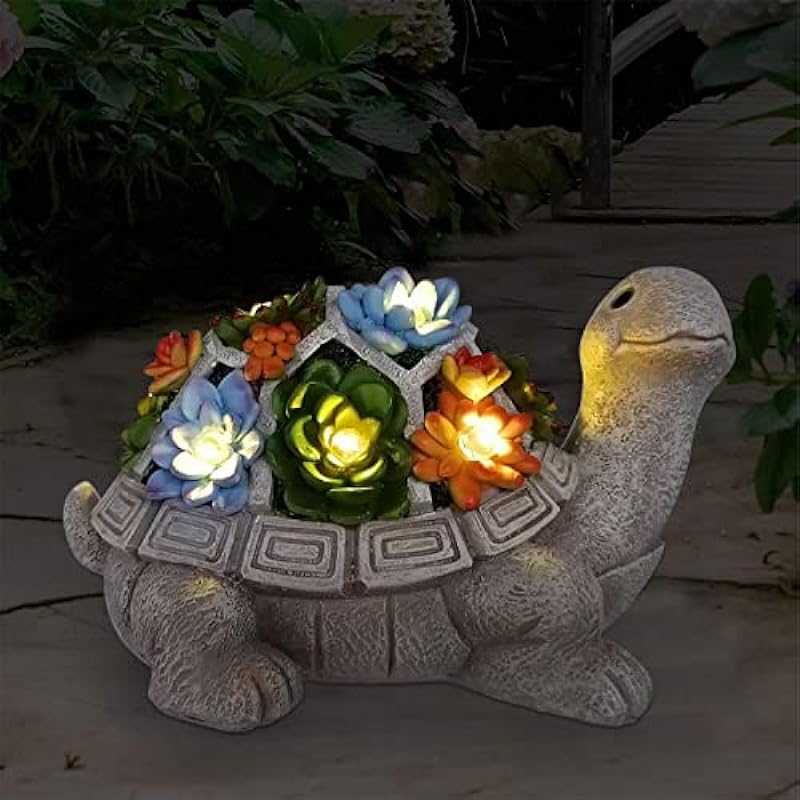 Nacome Solar Garden Outdoor Statues Turtle with Succulent 7 LED Lights – Lawn Decor Patio, Balcony, Yard Ornament – Birthday for Women/Mom/Grandma