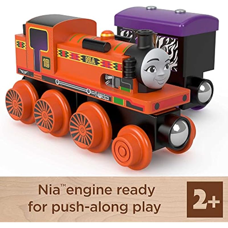 Fisher-Price Thomas & Friends Wooden Railway, Nia Engine and Coal Car, push-along train made from sustainably sourced wood for kids 2 years and up