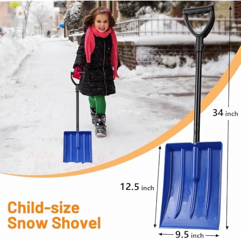 Kids Snow Shovel, Durable Thick Plastic Blade with Metal Handle, Comfort D-Grip, 32inch Snow Shovel for Kids Age 3-12 (Blue)