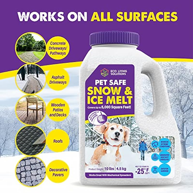 Pet Safe Snow & Ice Melt | Eco Living Solutions | Calcium Chloride | Works Under -25 °F | Safe for Concrete Driveway and Roof | Better Than Rock Salt | Safe for Kids and Pets (10 Lbs)