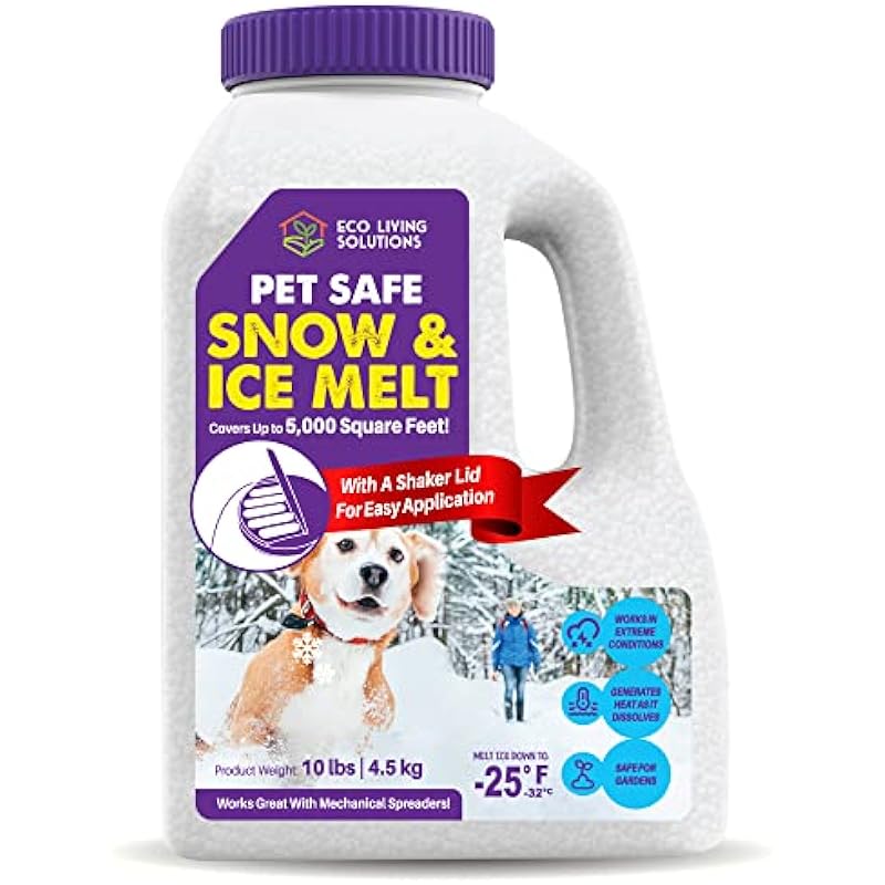 Pet Safe Snow & Ice Melt | Eco Living Solutions | Calcium Chloride | Works Under -25 °F | Safe for Concrete Driveway and Roof | Better Than Rock Salt | Safe for Kids and Pets (10 Lbs)