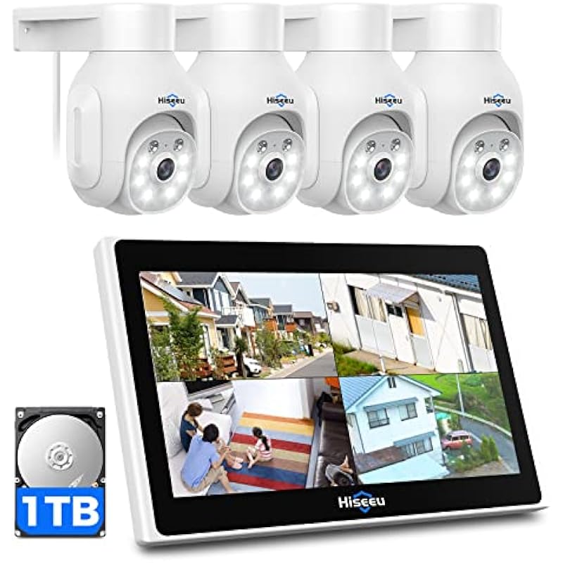 Hiseeu PTZ Wireless Security Camera System with 10” HD Monitor, 4PCS Outdoor Security Cameras, Spotlight, 360° View, 2-Way Audio,10CH 5MP NVR Preinstall 2.5” 1TB HDD, Work with Alexa, Cloud Storage…