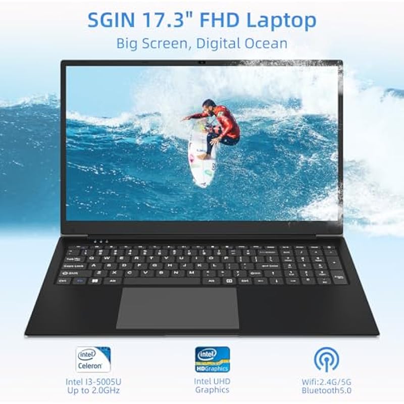 SGIN Laptops, Laptop 17 Inch, 4GB DDR4 128GB SSD Laptops Computer with Intel Core i3 Processor (up to 2.4 GHz), 8000mAh, Webcam, Mini HDMI, USB3.2 * 2, Dual WiFi, Type-C, (Black)