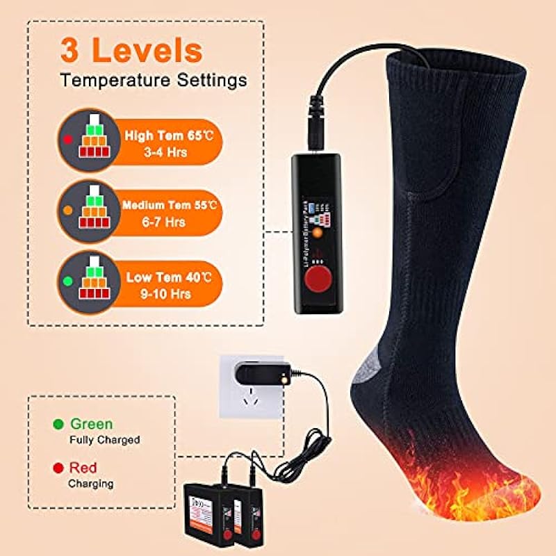 Heated Socks, Double-Sided Heated Electric Socks Camping Foot Warmer 3-Gear Thermal Battery Socks, Rechargeable Winter Heating Cotton Socks for Outdoor Sports, Breathable Climbing Hiking Skiing Foot Boot Warm Socks Heater for Women Men