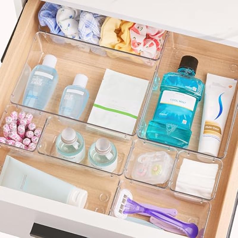 Vtopmart 25 PCS Plastic Clear Drawer Organizer, Acrylic Desk Drawer organizers, Organization and Storage for Makeup, Bathroom, Office, kitchen, Bedroom