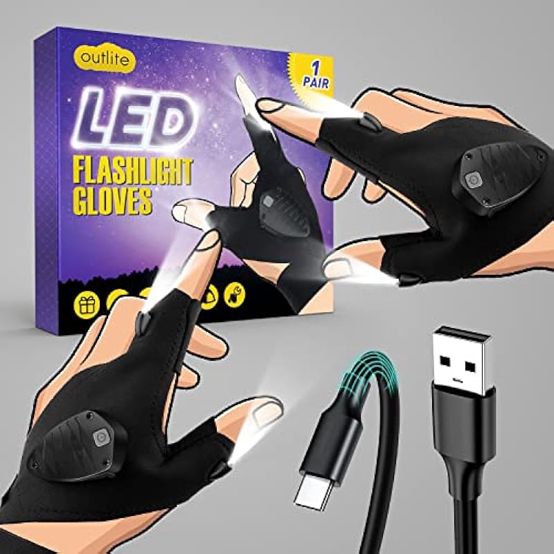outlite Rechargeable Led Flashlight Gloves,Stocking Stuffers Gift for Men Hands Free Flashlight Gloves Gift from Daughter/Son Unique Camping Gadgets Led Gloves for Mechanic Car Guy Repairing, Fishing