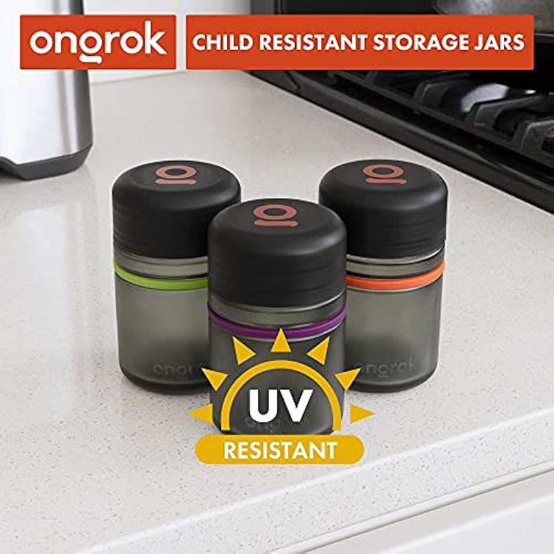 ONGROK Glass Storage Jar, 180ml (3 Pack) | Color-Coded Airtight Glass Containers, Jar to Stash Goods with Care, Airtight and Child Resistant Lid