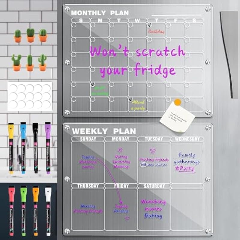 Acrylic Magnetic Fridge Calendar 2 Set – 16″x12″ Clear Dry Erase Calendar Monthly & Weekly Planner Board for Refrigerator with 8 Markers/6 Magnet