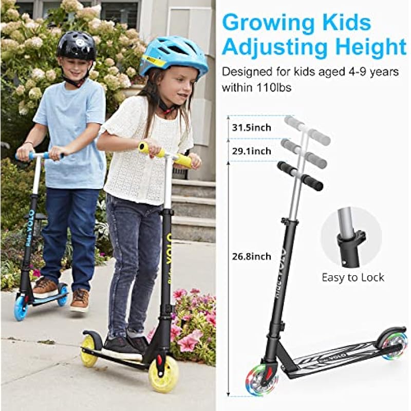 RideVOLO K05 Kick Scooter for 4-9 Years Old Kids, 3 Adjustable Heights, Ultra Lightweight and Easy Assembly, 5″ Flash Wheels, Max Load 110lbs, Outdoor Activities, Gift for Boy/Girl