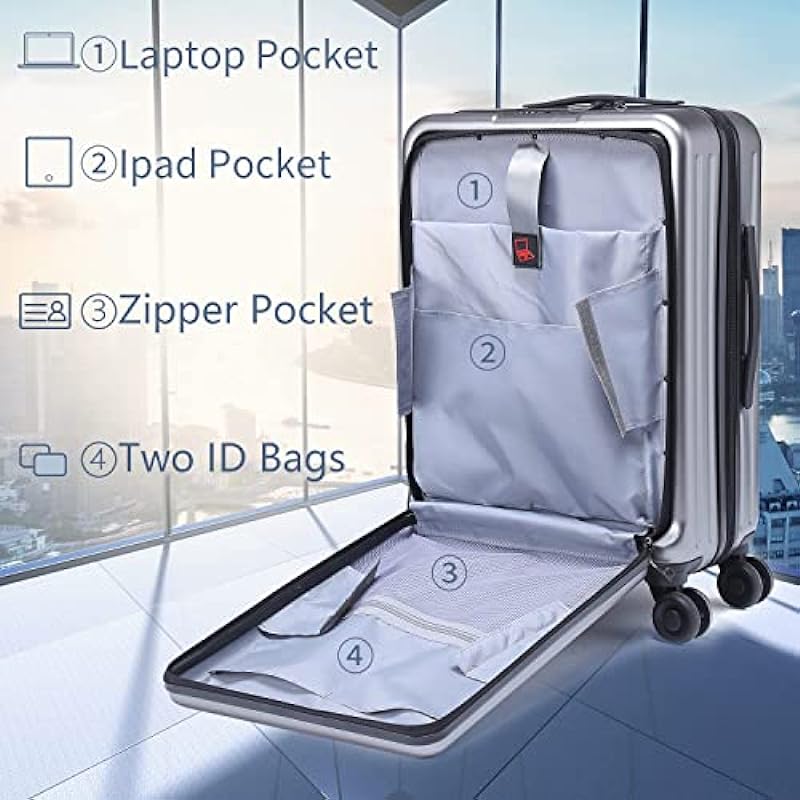 TydeCkare 20 Inch Carrry On Luggage with Front Zipper Pocket, 45L, Lightweight ABS+PC Hardshell Suitcase with TSA Lock & Spinner Silent Wheels, Convenient for Business Trips, Gray