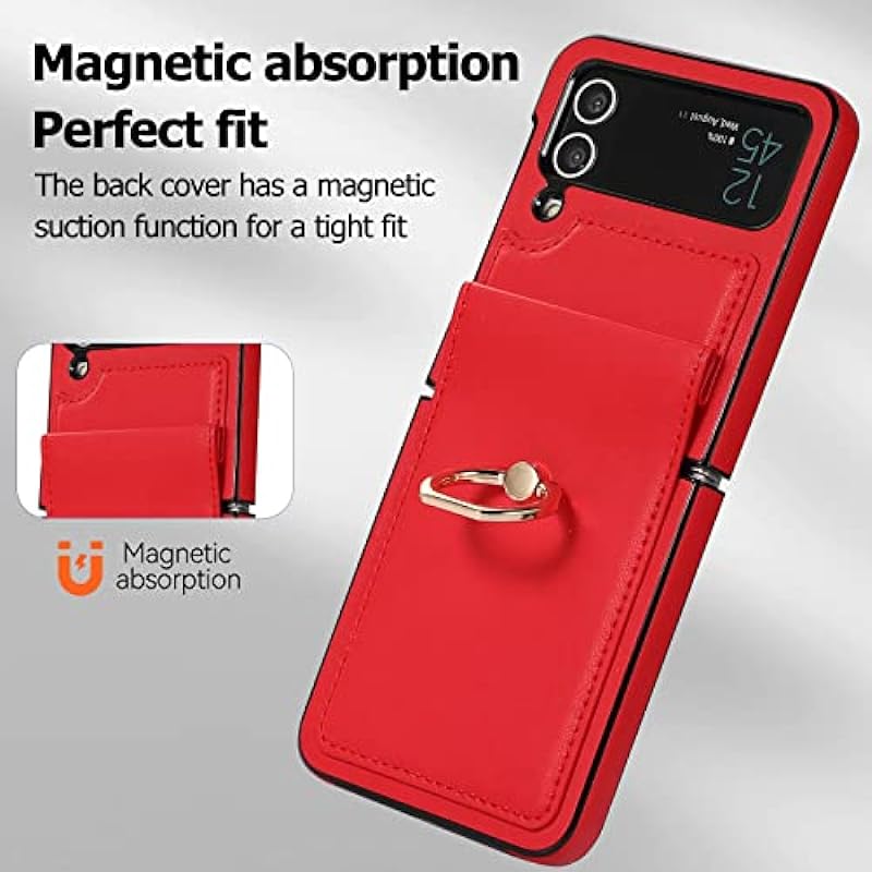 Phone Case for Samsung Galaxy Z Flip 4 5G 2021 Cover with Hinge Protection Ring Holder Stand Slim Shockproof Shell PU Leather Protective Cell Accessories ZFlip4 Z4 Flip4 4Z Flip4case Women Girls Red