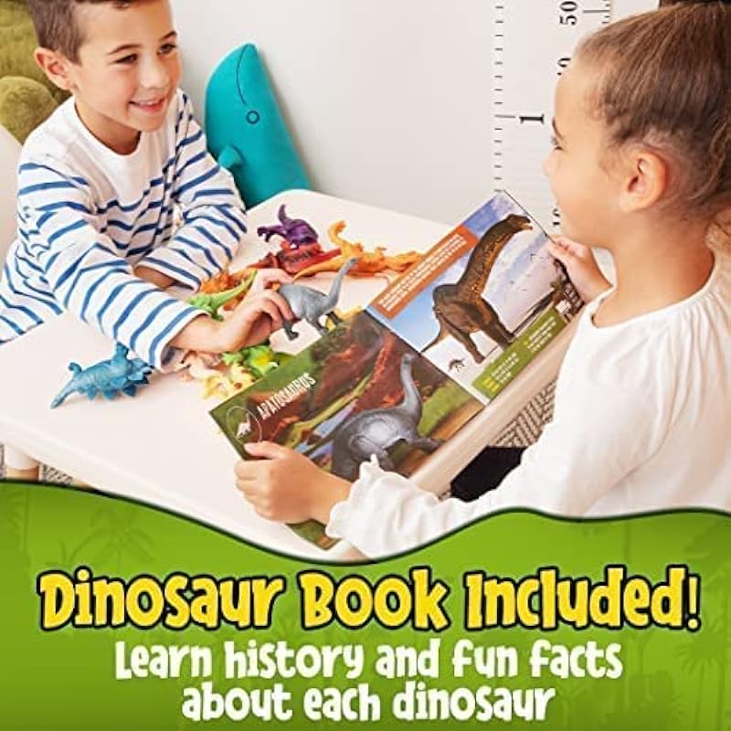 12 Pack of 7 Dinosaur Toy Figures with Educational Dinosaur Book, Large Plastic Dinosaur Toys Set for Toddlers, Kids, Boys and Girls