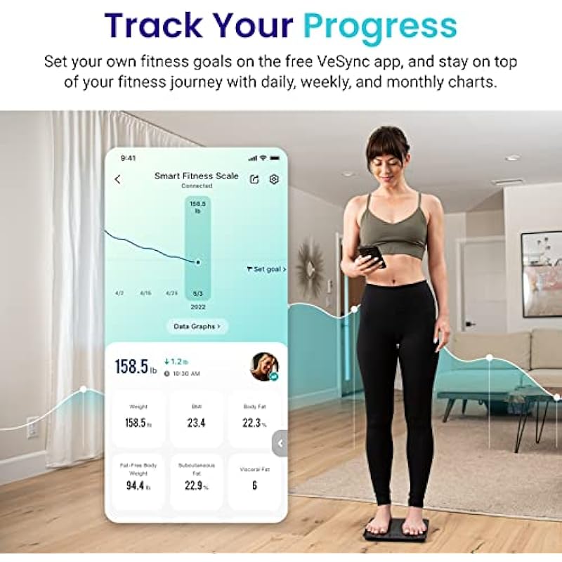 Etekcity Smart Digital Bathroom Scale, Scales for Body Weight and Fat, Sync with Bluetooth, Health Monitor, 10.2 x 10.2 inches, Black, standard (FIT 8S)