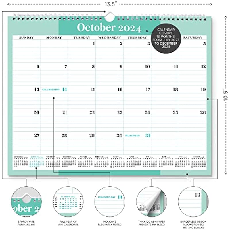 S&O Simply Mint 2024 Wall Calendar Runs from Now to December 2024 – Tear-Off Monthly Calendar for your office – Academic Wall Calendar – Hanging Calendar with 12 Month Mini-Calendars – 13.5″x10.5”in