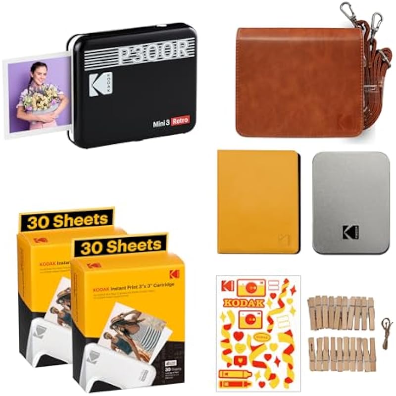 KODAK Mini 3 Retro 4PASS Portable Photo Printer (3×3 inches) + 68 Sheets Gift Bundle, Black