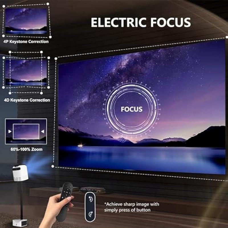 [Telescopic Stand] Mini Projector with App Built-in, ONATISMAGIN 1080P Portable Outdoor Projector, Electric Focus, Keystone Correction & Zoom, Movie Home Theater Projector for iOS/PS5/TV Stick (White)