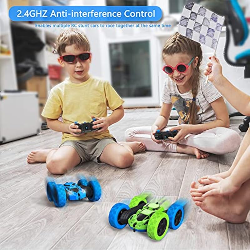 Hamdol Remote Control Car Double Sided 360°Rotating 4WD RC Cars with Headlights 2.4GHz Electric Race Stunt Toy Car Rechargeable Toy Cars for Boys Girls Birthday Blue&Green