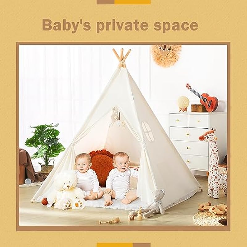 Monobeach Teepee Tent for Kids Foldable Children Play Tent for Girl and Boy with Carry Case 4 Poles White Canvas Playhouse Toy for Indoor and Outdoor Games (White)