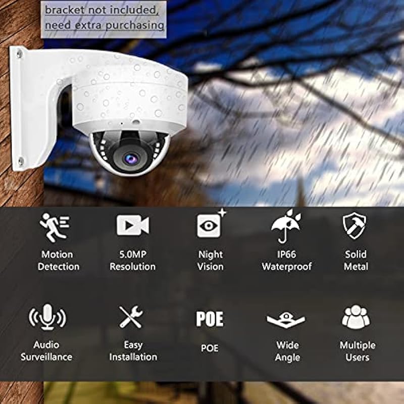 WiTi 5MP POE IP Camera, Security Surveillance Dome Camera with Audio Microphone, Wide Angle 2.8mm Lens Motion Detection, Solid Metal IP66