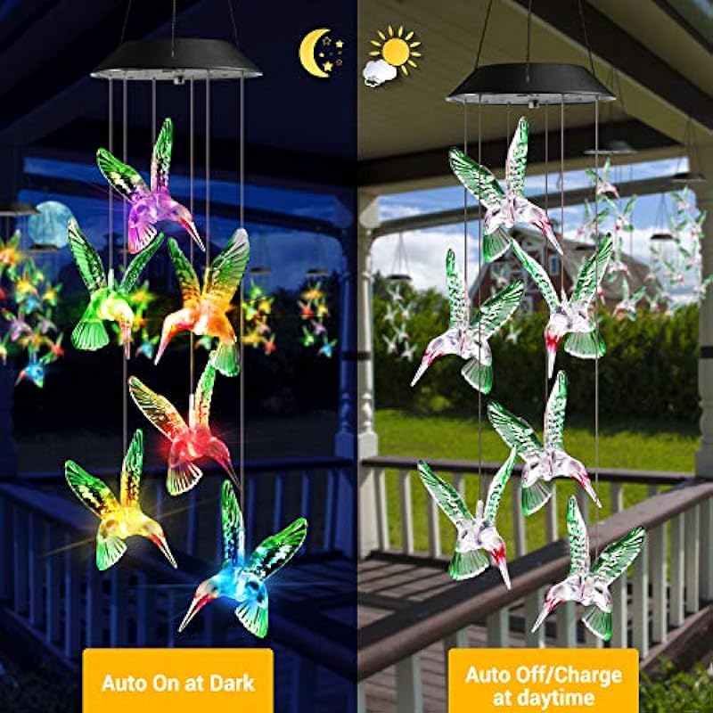 Toodour Solar Wind Chimes, Color Changing Solar Hummingbird Wind Chimes, LED Decorative Mobile, Waterproof Solar Lights Outdoor for Patio, Window, Garden Decor, for Mom/Grandma