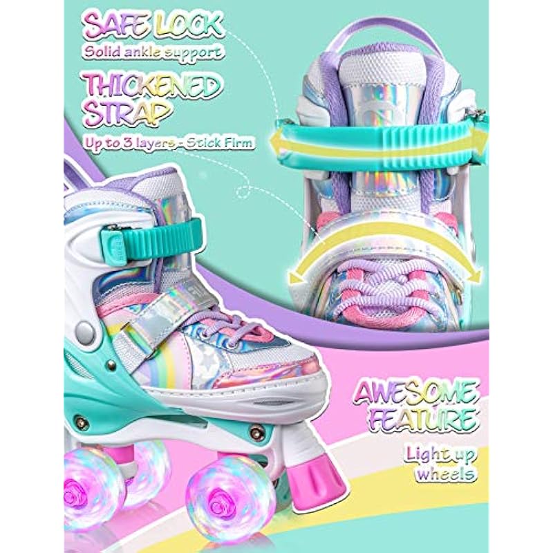 SULIFEEL Rainbow Unicorn 4 Size Adjustable Light up Roller Skates for Girls Boys and Kids