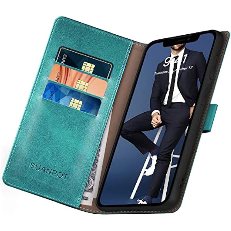 SUANPOT for iPhone 14 6.1″ Wallet case with RFID Blocking Credit Card Holder,Flip Book PU Leather Protective Cover Women Men for Apple 14 Phone case Blue Green