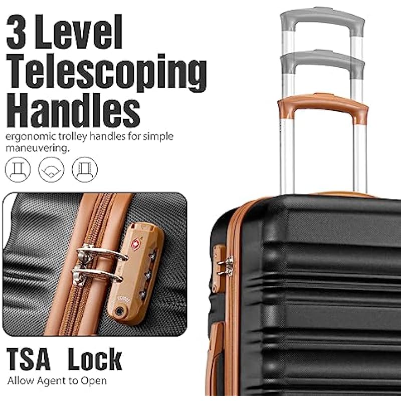 LONG VACATION Luggage Set 4 Piece Luggage Set ABS Hardshell TSA Lock Spinner Wheels Luggage Carry on Suitcase(Black-Brown, 6 Piece Set)