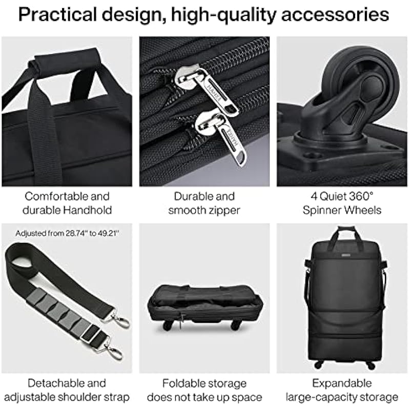 Hanke Expandable Foldable Suitcase, Large Suitcases Bag with Spinner Wheels Collapsible Lightweight Rolling Luggage Extend to 20 inch/24 inch/28 inch Travel Bag for Men Women(Black)