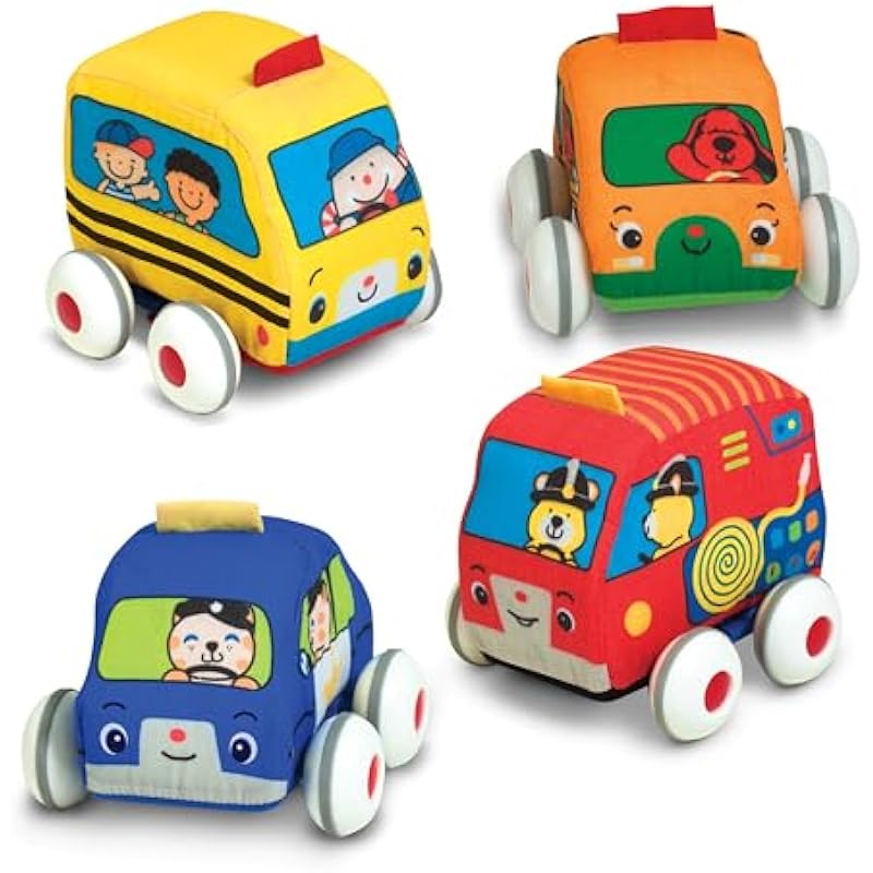Melissa & Doug K’s Kids Pull-Back Vehicle Set – Soft Baby Toy Set With 4 Cars and Trucks and Carrying Case – Pull Back Cars, Soft Vehicles Toys For Babies And Toddlers