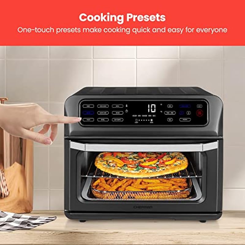 Chefman Toast-Air Touch Air Fryer Toaster Oven Combo, 4-In-1 Black Convection Oven Countertop, Cook A 10-In Pizza, 4 Slices of Toast, Air Fry, Bake, Air Broil, Toast, Dehydrate, 21 Qt Oven Air Fryer