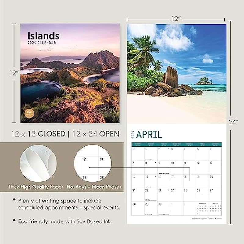 2024 Islands Monthly Wall Calendar by Bright Day, 12 x 12 Inch